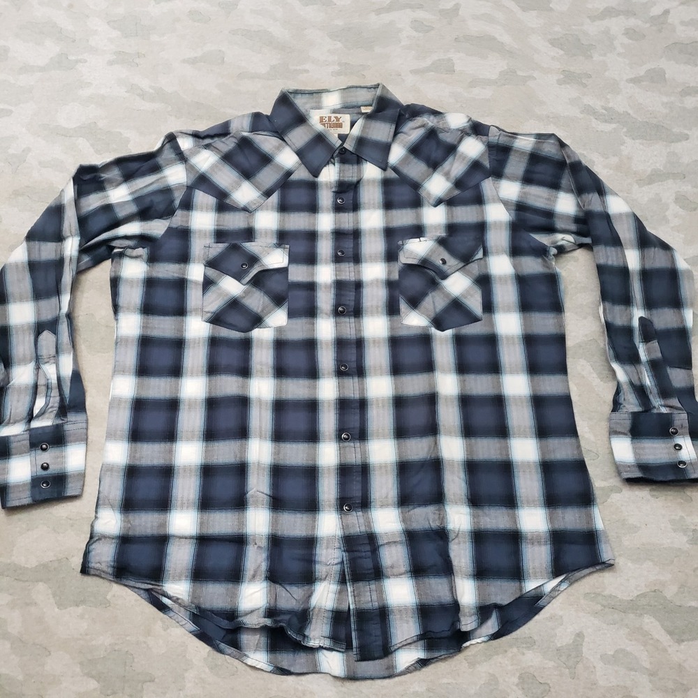 Ely Cattleman Western Shirt Mens Large Blue Plaid Cowboy Pearl Snap Long Sleeve